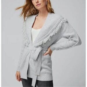 WHITE HOUSE BLACK MARKET Light Gray Knit Fringe Belted Cardigan Sweater Western